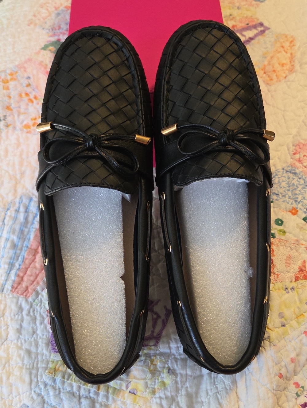 Black Woven Slip-On Loafers with Bow Accent